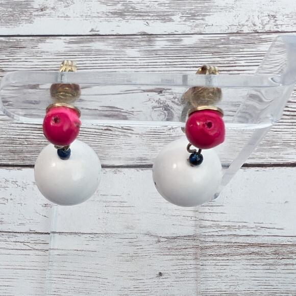 Vintage Clip On Earrings - Red & Off White Ball Dangle - Picture 2 of 10